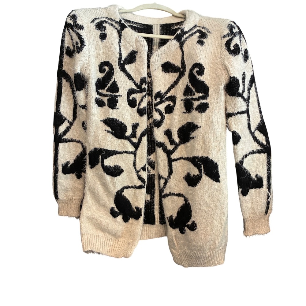 Damask Scroll Eyelash Knit Cardigan Womens M Cream Black Regency Office Career